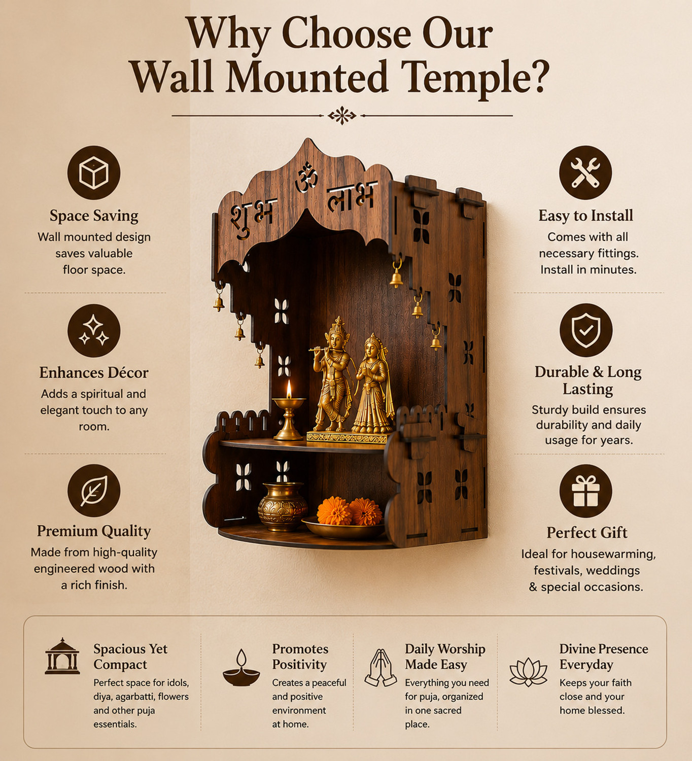 Image of Krishna Mart Shubh Labh Wall Mounted Mandir Engineered Wood Home Temple
