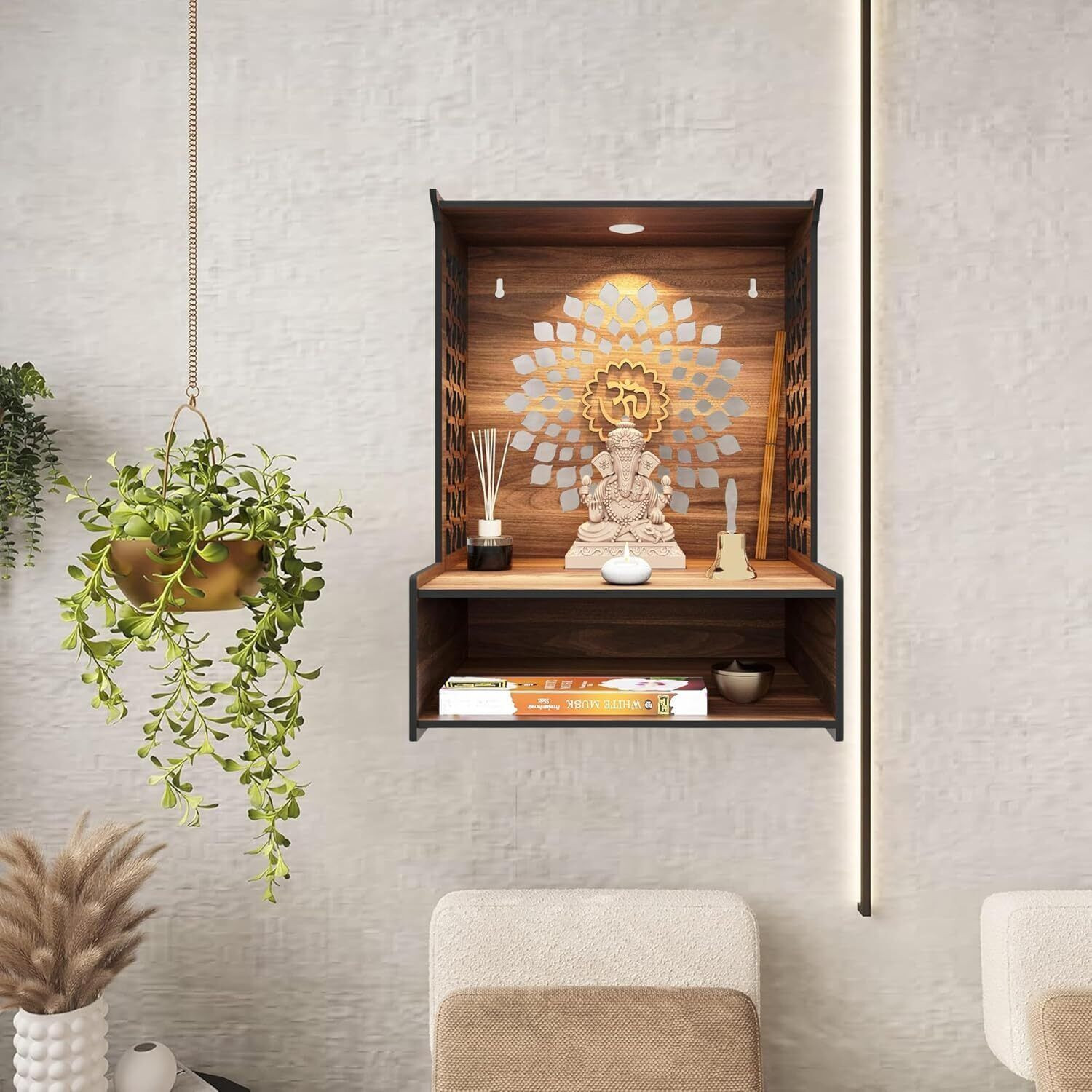 Image of Chitraksh Engineered Wood Hand Crafted Pooja Mandir for Home & Office, Wall Mounted Engineered Wood Home Temple