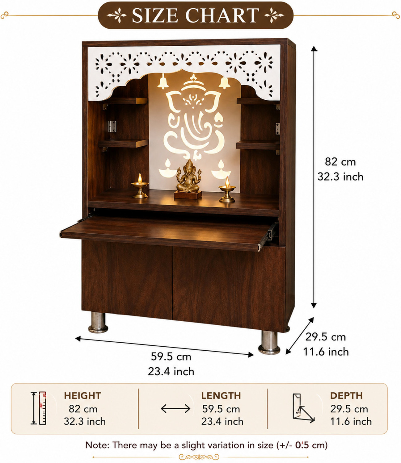 Image of The Wooden Factory Dark Brown Pooja Mandir for Home with LED Light, Storage Cabinet & Shelves Engineered Wood Home Temple