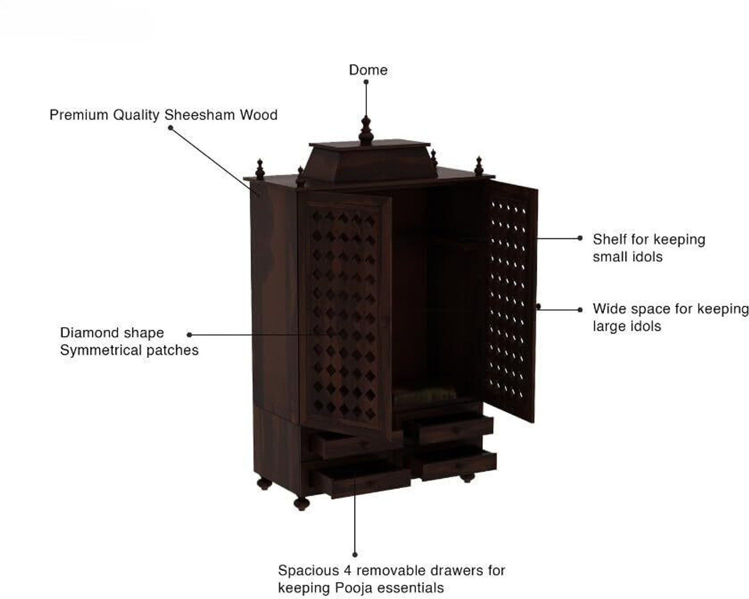 Image of VARSHA FURNITURE Solid Wood Temple for Home|Mandir|Pooja Stand|Mandapam with 4 Drawers- Walnut Solid Wood Home Temple