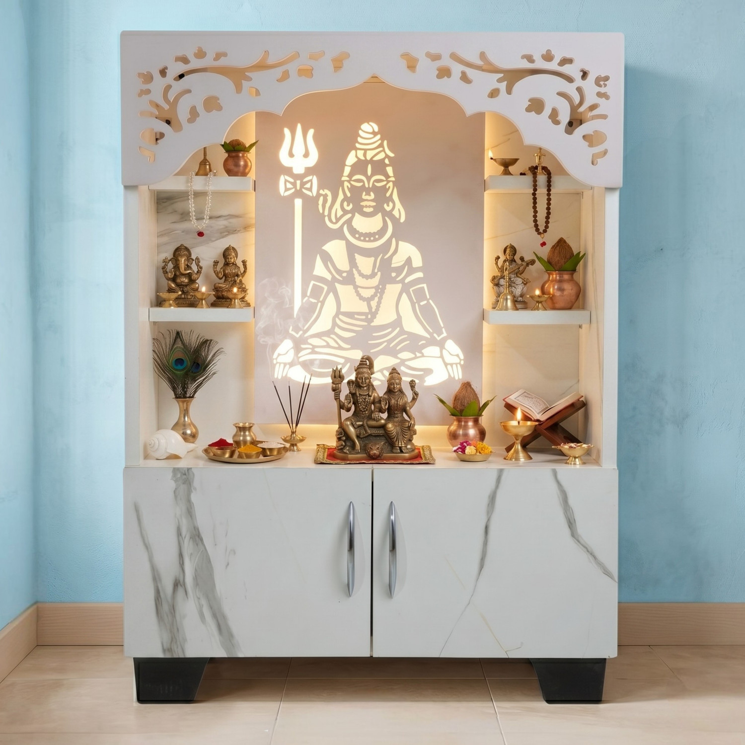 Image of Old Wolf Furniture Wooden Lord Shiva Pooja Mandir With LED Light & Storage Temple For Home Engineered Wood Home Temple