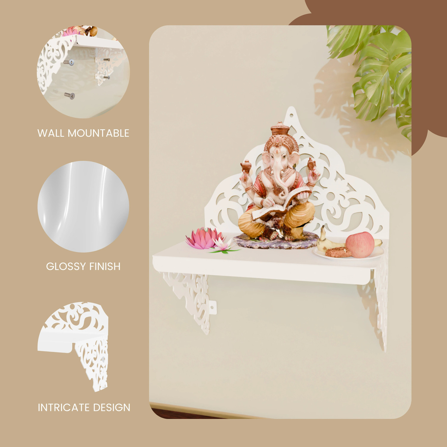 Image of Nived Kaveri Mandir 13 inch Wide Wall Mount Poojaghar Devghar Pooja Stand Metal Home Temple