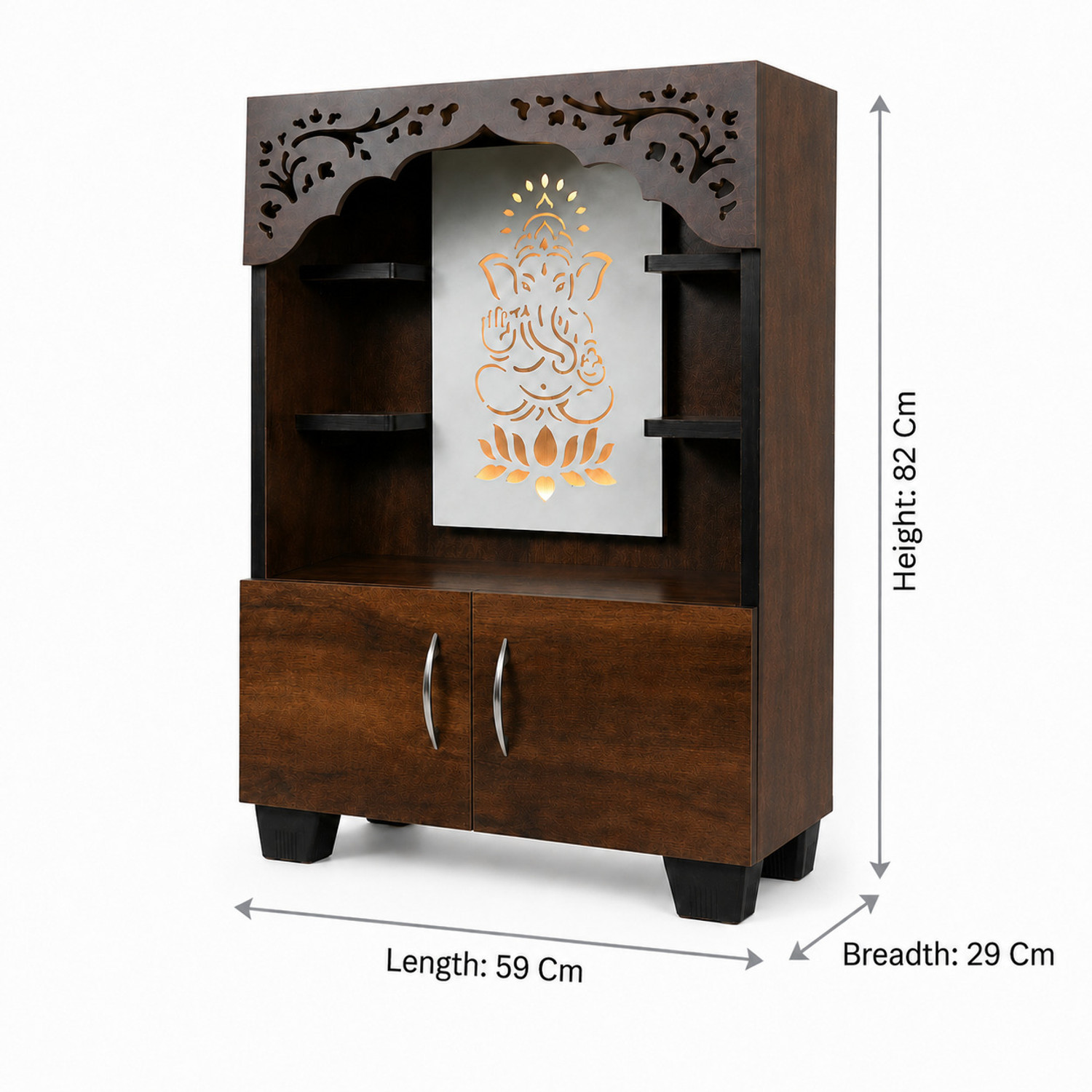Image of Old Wolf Furniture Lord Ganesh Wooden Temple With LED Light - Modern Pooja Mandir Cabinet Unit Engineered Wood Home Temple