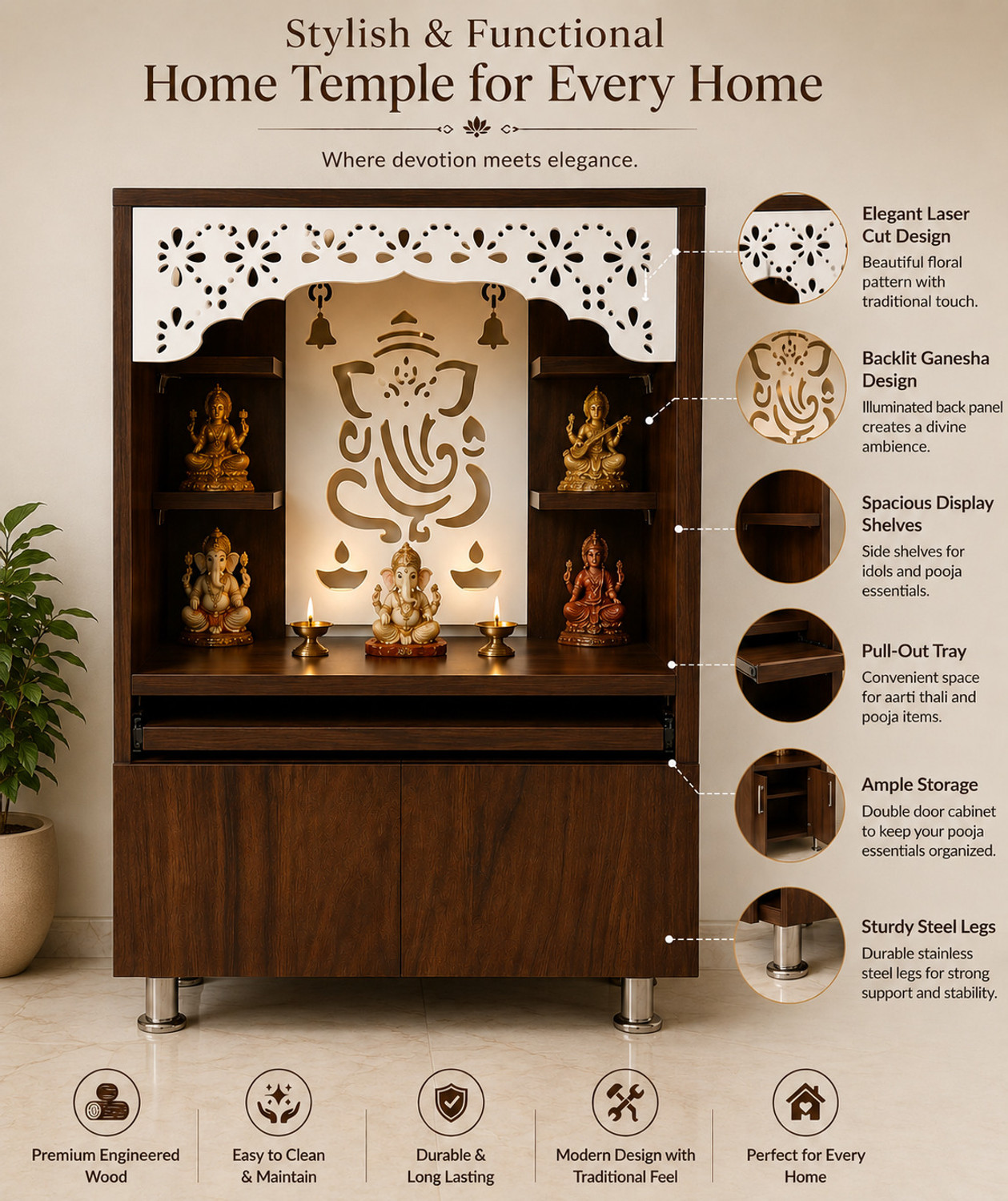 Image of The Wooden Factory Dark Brown Pooja Mandir for Home with LED Light, Storage Cabinet & Shelves Engineered Wood Home Temple