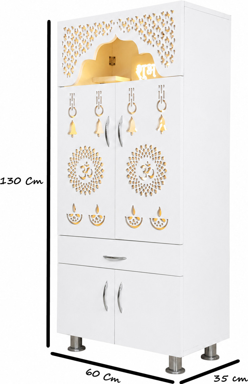 Image of Old Wolf Furniture Big Home Temple For Home | Pooja Mandir With Doors, LED Light & Storage | White Engineered Wood Home Temple