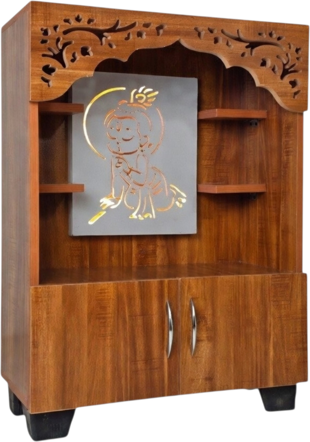 Image of Old Wolf Furniture Wooden Temple With LED Light Cabinet Storage Pooja Mandir Laddu Gopal Design Engineered Wood Home Temple