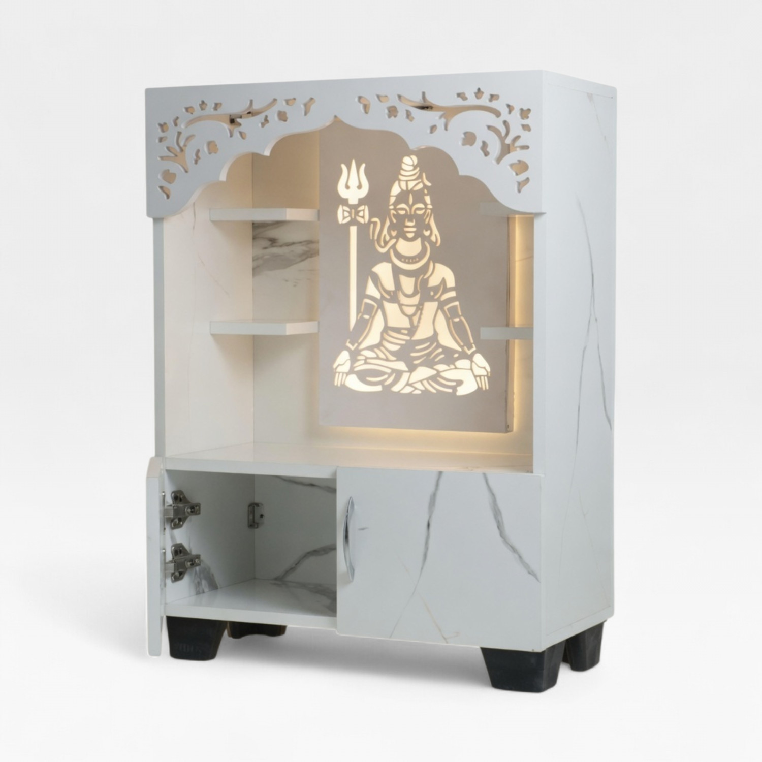 Image of Old Wolf Furniture Wooden Lord Shiva Pooja Mandir With LED Light & Storage Temple For Home Engineered Wood Home Temple