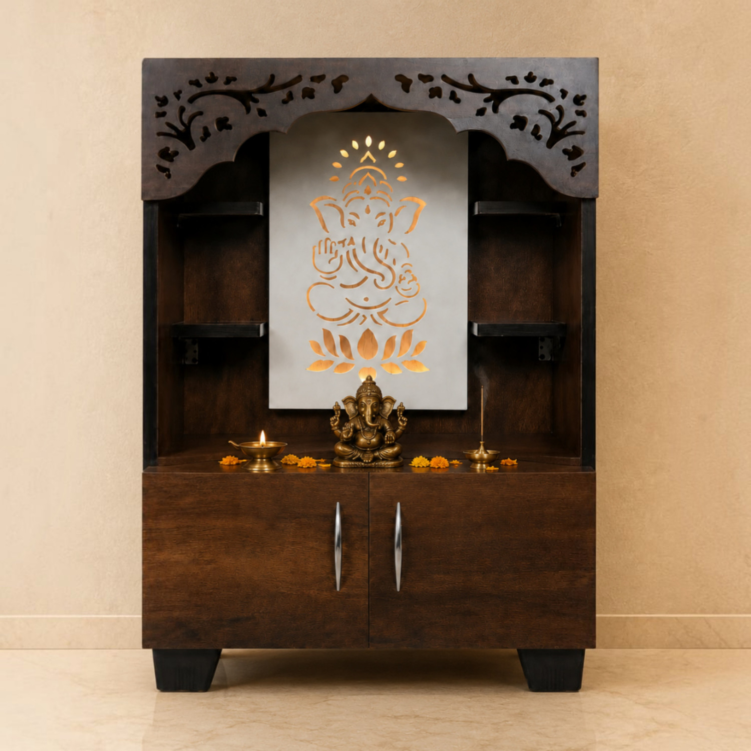 Image of Old Wolf Furniture Lord Ganesh Wooden Temple With LED Light - Modern Pooja Mandir Cabinet Unit Engineered Wood Home Temple