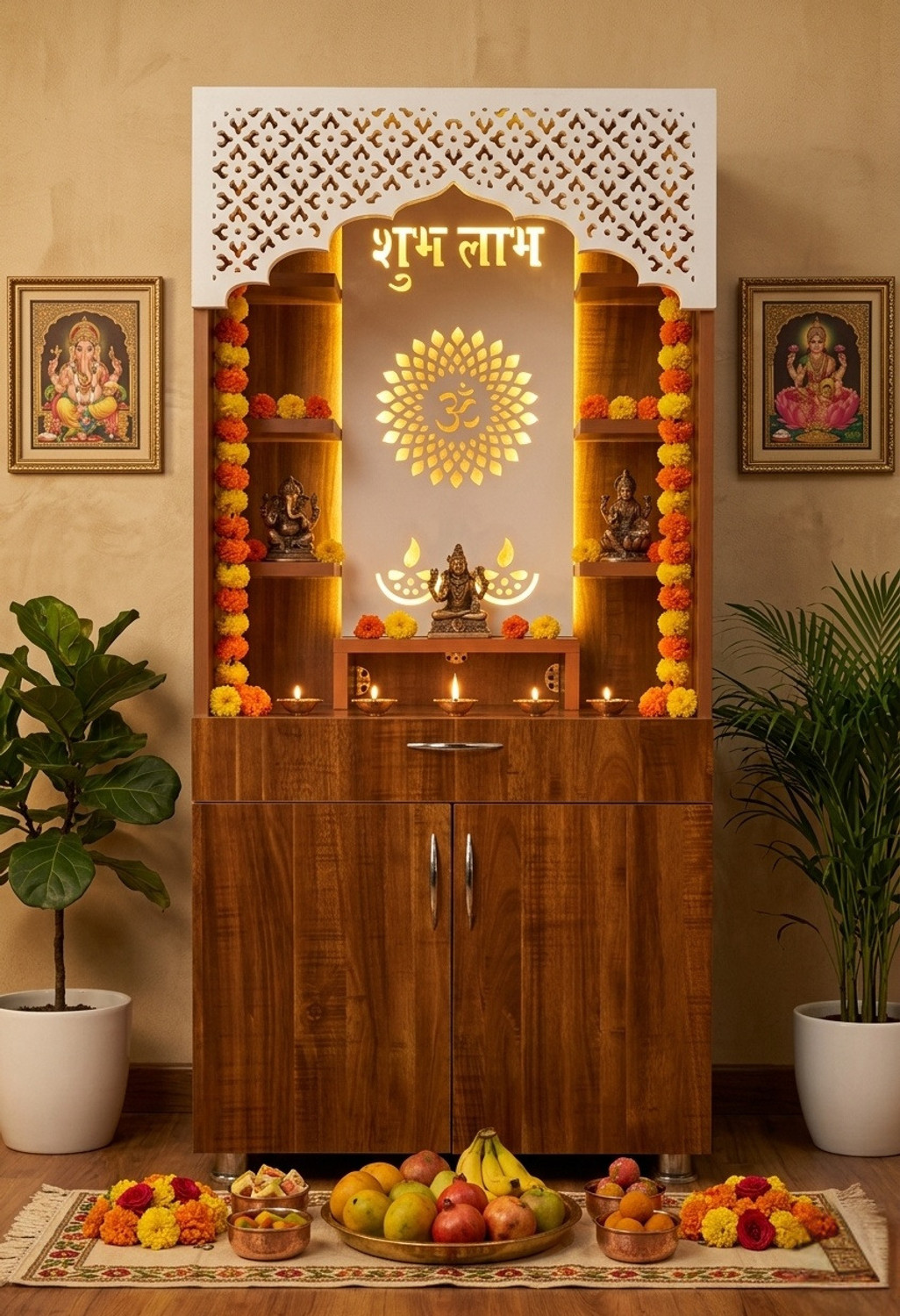 Image of MandirParadise Wooden Pooja Mandir with LED Shubh Labh & Om Design | Traditional Home Temple Engineered Wood Home Temple (Height: 130, Pre-assembled)
