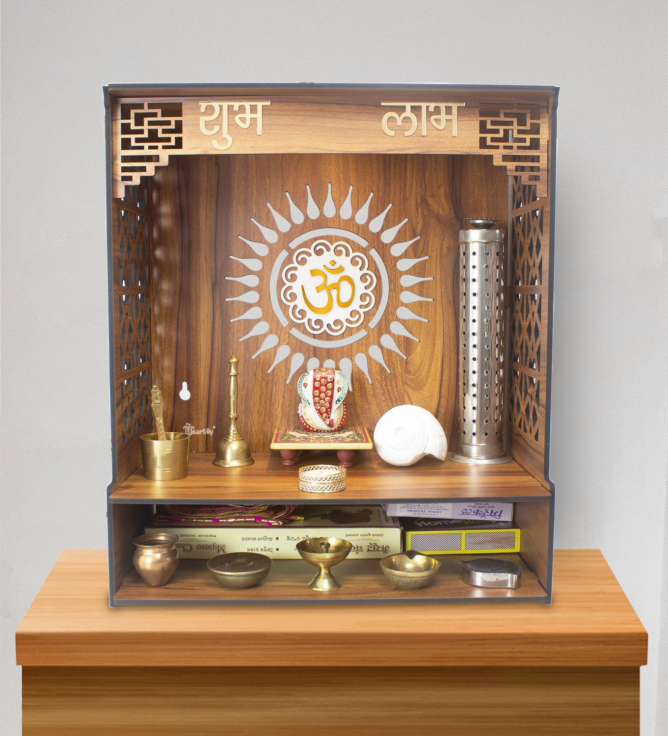 Image of Heartily PAVITR Pooja Mandir Temple Home Office with LED Light H- 18 L- 16 W -8.75 In Engineered Wood Home Temple