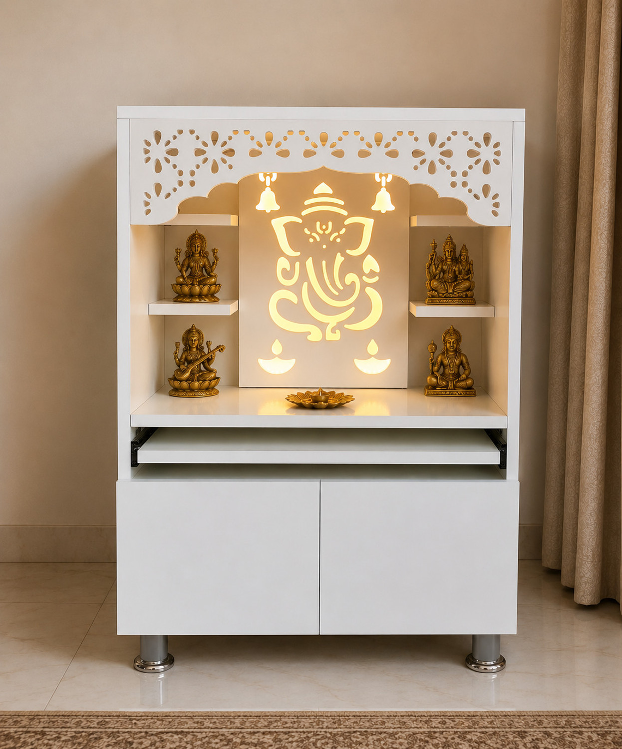 Image of The Wooden Factory White Mandir LED Backlit Ganesha Design storage Cabinet & Pull-Out Prayer Tray Engineered Wood Home Temple