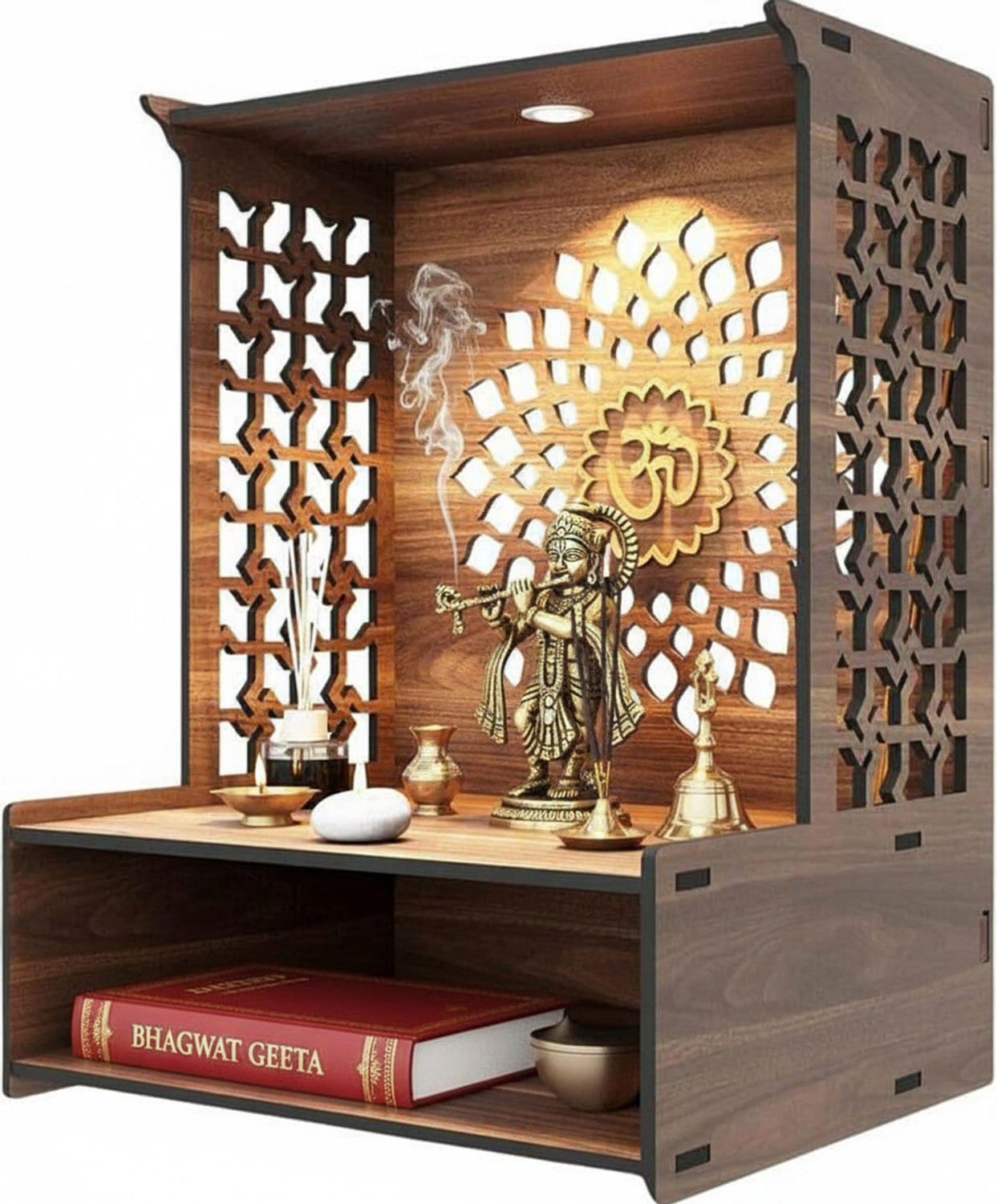 Image of Gojeeva Engineered Wooden LED Temple Handcrafted Design Pooja Mandir for Home & Office Engineered Wood Home Temple