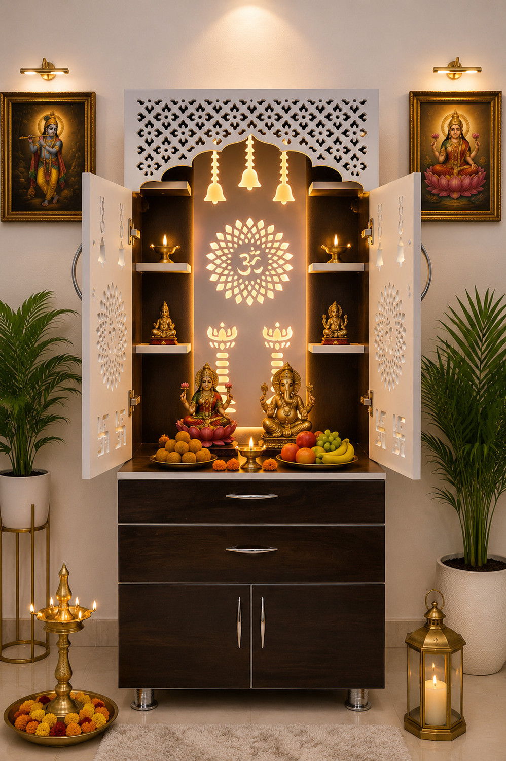 Image of MandirParadise Designer Wooden Mandir for Home with Storage Cabinet & LED Engineered Wood Home Temple