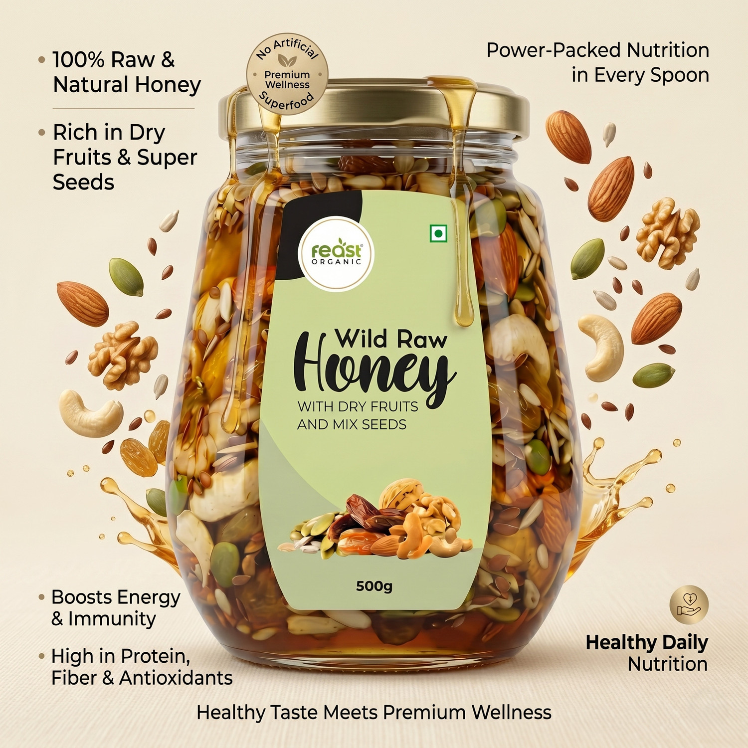 Image of Feast Organic Wild Forest honey with Dry fruits & Mix Seeds | Pure & Natural | Combo 1 kg