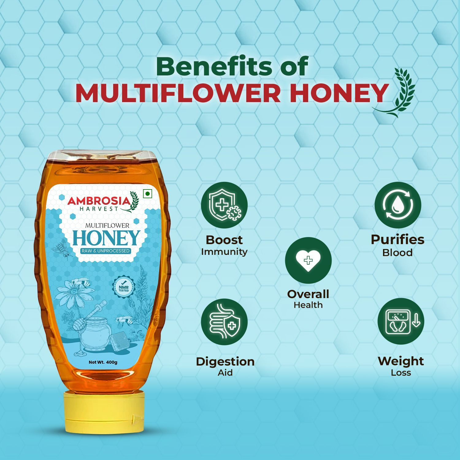 Image of Ambrosia Harvest Pure Multiflora Honey 800gm, NMR Tested Raw Original Natural Honey, No Sugar