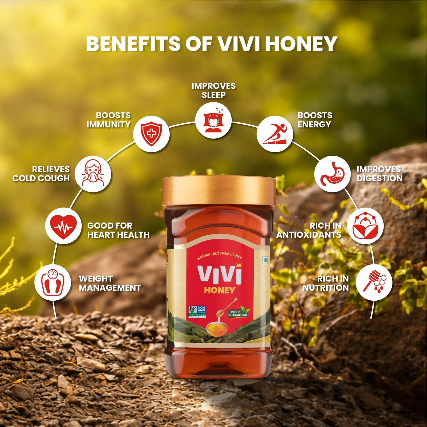 Image of Vivi Natural Honey 100% Pure | Multi-Floral | Non-GMO Verified| Healthy Natural