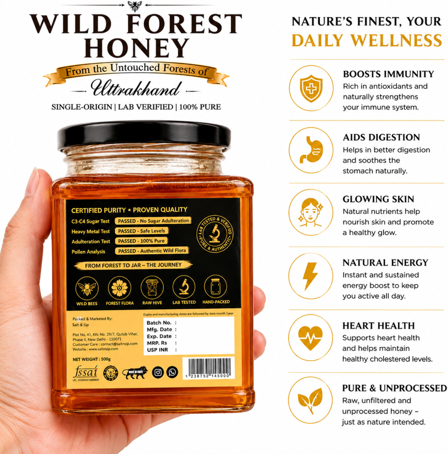 Image of Salt & Sip Wild Forest Honey| Uttarakhand Sourced - Raw Honey | Organic Honey Lab Tested