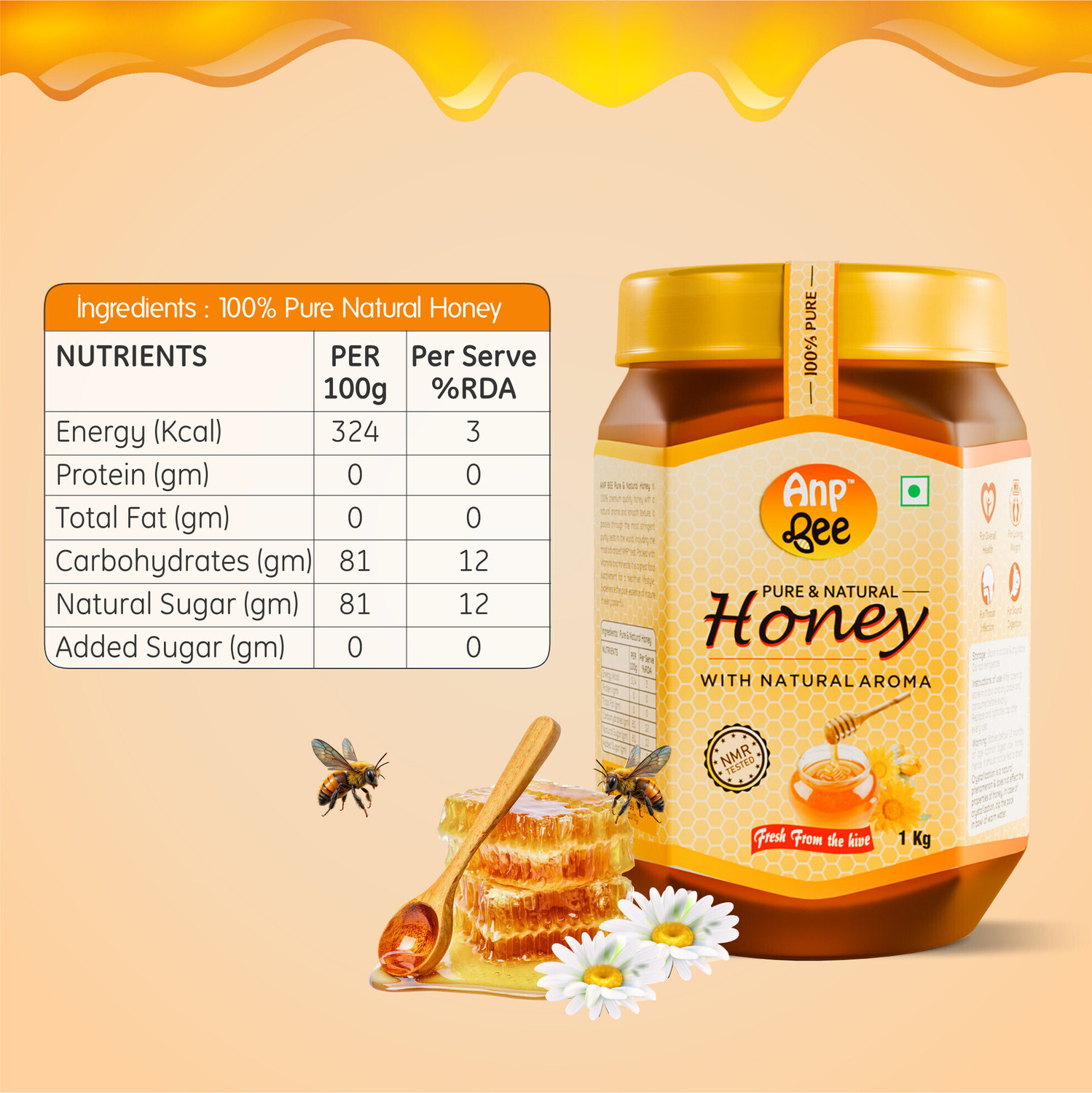 Image of ANP BEE 100% Pure, Raw Unpasteurized Natural Honey I NMR Tested, Unprocessed, Unfiltered