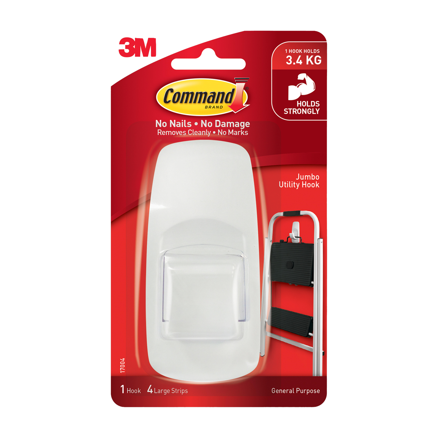 Image of Command 3M Plastic Jumbo Utility Wall Hook, Holds upto 3.4Kg 4 strips & Hook 1