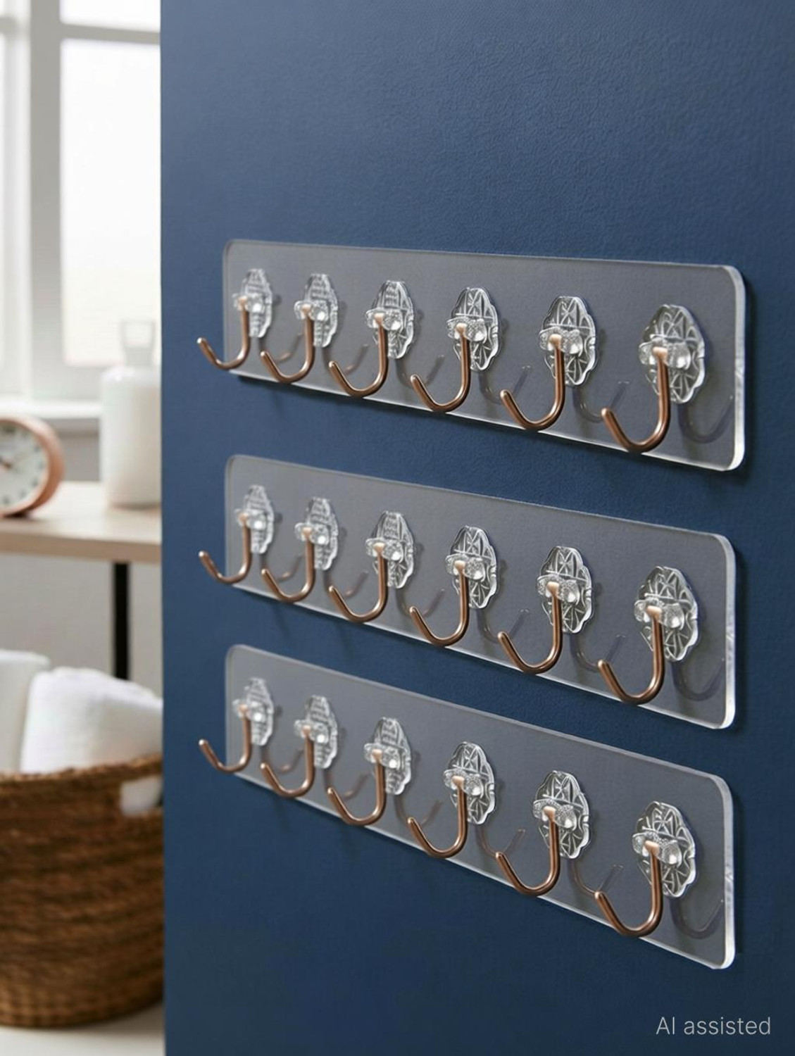 Image of HK APPLIANCE 3PC 6Hook Strip Transparent Hooks for Wall Without Drilling, Wall Mounted Hooks Hook Rail 18