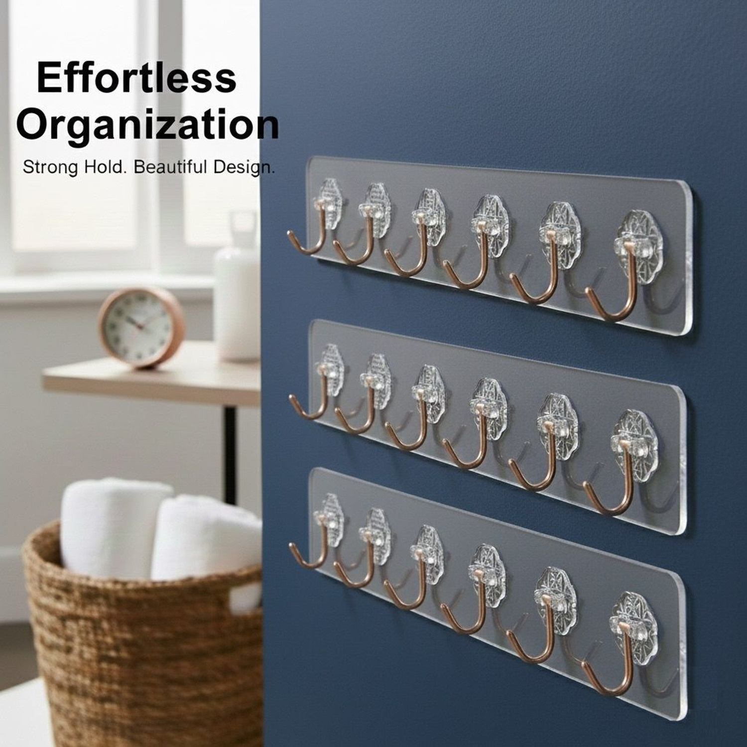 Image of HK APPLIANCE 3PC 6Hook Strip Transparent Hooks for Wall Without Drilling, Wall Mounted Hooks Hook Rail 18