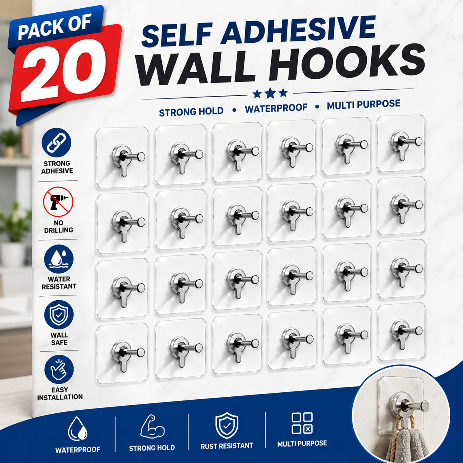 Image of TYAGY Self Adhesive Wall Hooks Pack of 20 Heavy Duty Waterproof Transparent Hooks Hook 20