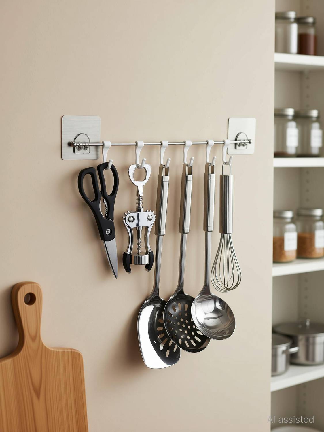 AARTI FASHION Self Adhesive Stainless Steel with 6 Hooks Wall Mounted Utensil Hanging Rack Door Hanger