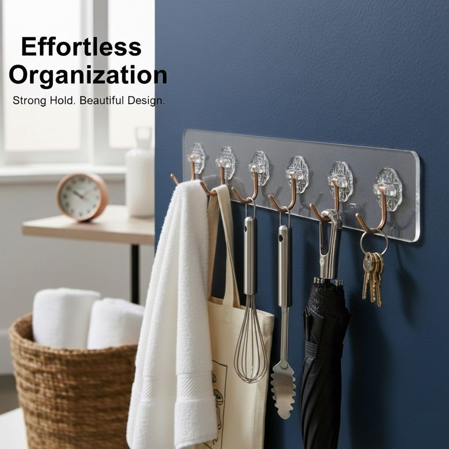 Image of HK APPLIANCE 3PC 6Hook Strip Transparent Hooks for Wall Without Drilling, Wall Mounted Hooks Hook Rail 18