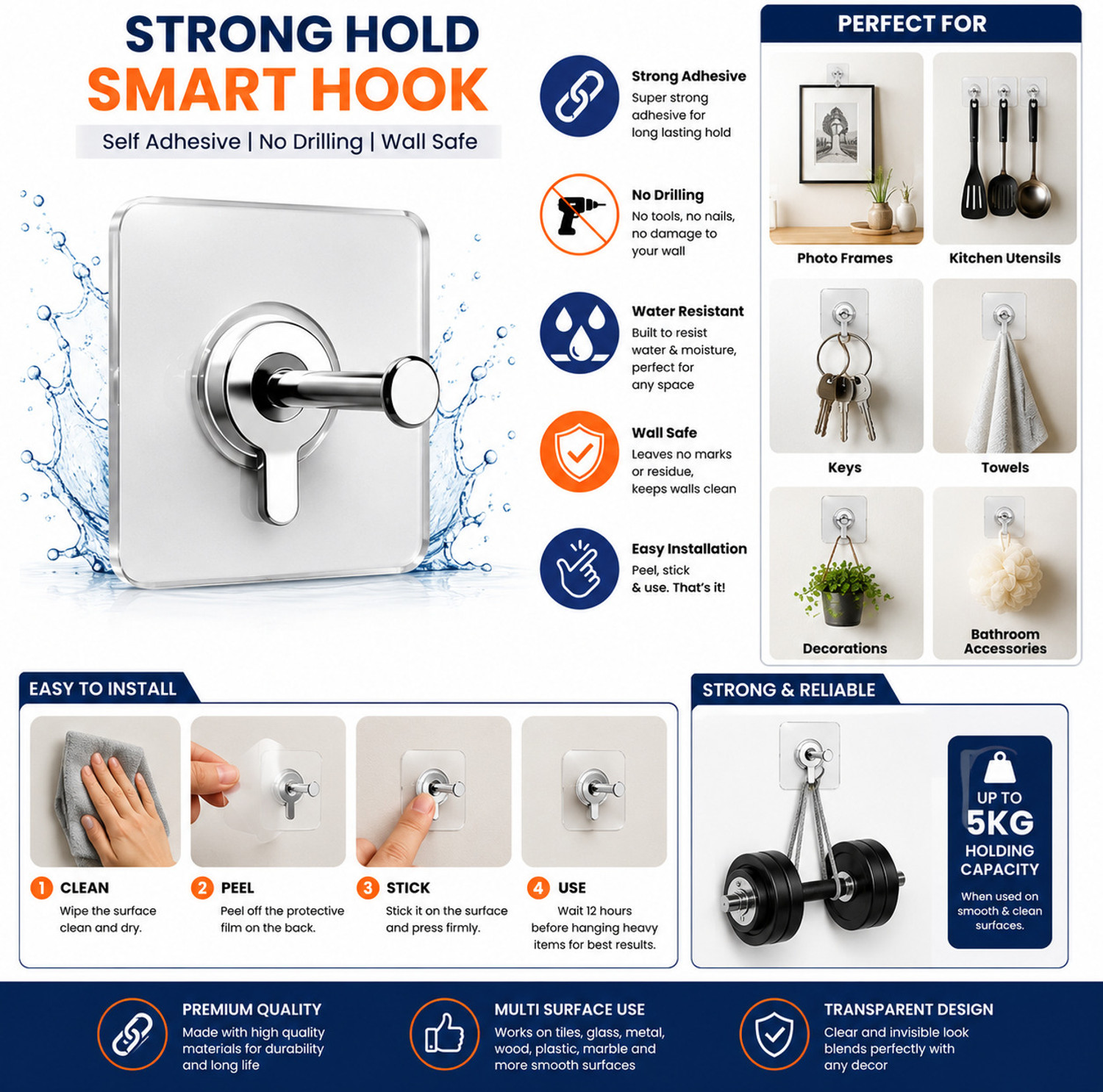 Image of TYAGY Self Adhesive Wall Hooks Pack of 20 Heavy Duty Waterproof Transparent Hooks Hook 20