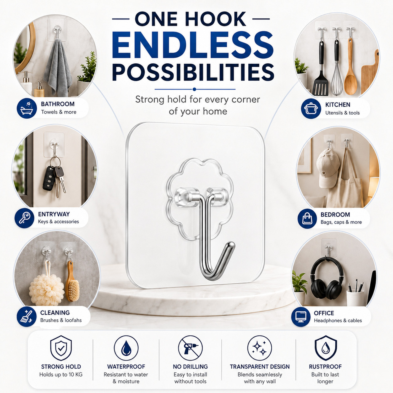 Image of Ferimus Versatile Adhesive Hook Up To 5Kgs Load Capacity, Rust Proof pack of 100 Hook 40 (Pack of 40)