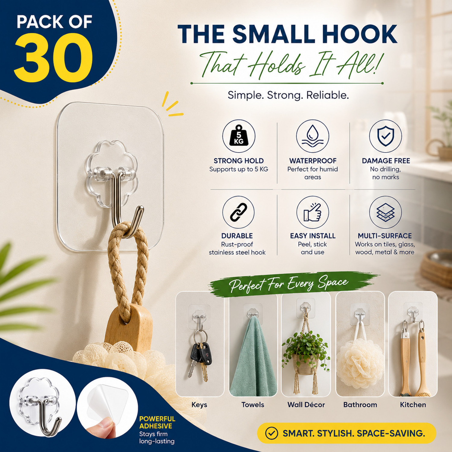 Image of QXORE Adhesive Hook Capacity Up To 5Kgs Hook 30