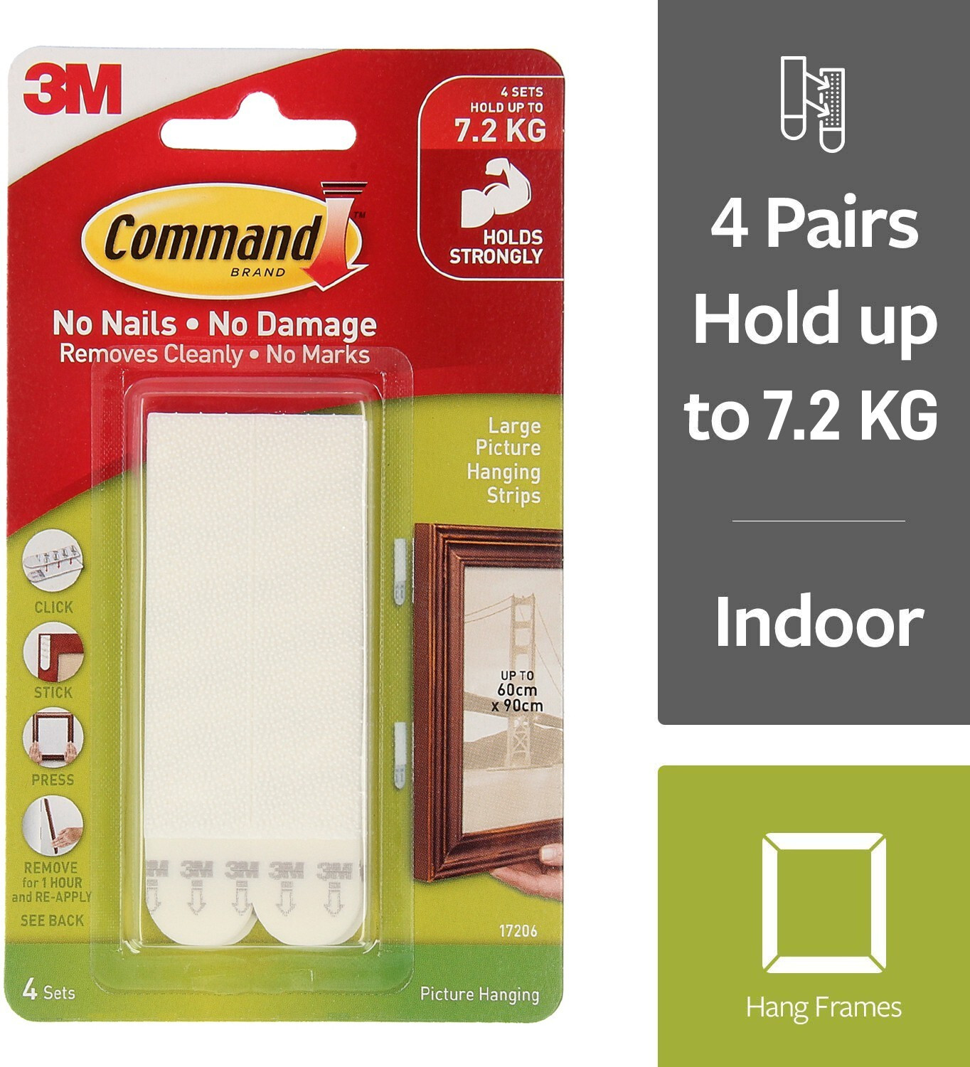 Image of Command 3M Large Picture Hanging Strips, Holds upto 7.2kg, Self Adhesive, 4 Pairs Hook 1
