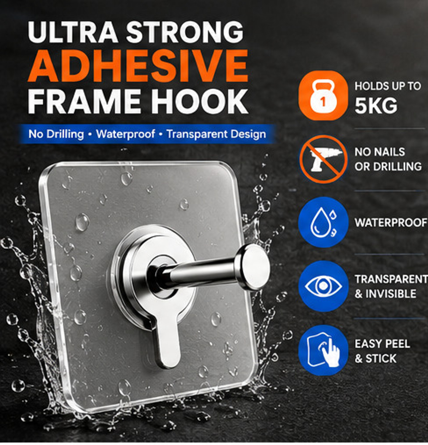 Image of TYAGY Self Adhesive Wall Hooks Pack of 20 Heavy Duty Waterproof Transparent Hooks Hook 20