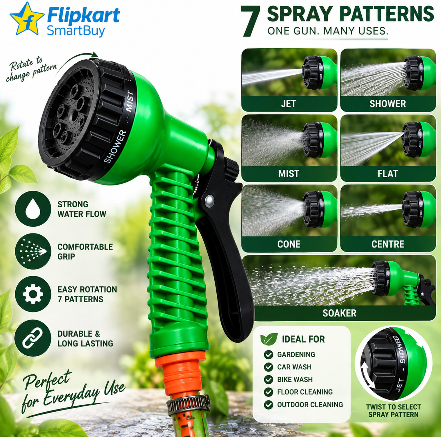 Image of Flipkart SmartBuy Multipurpose Garden Hose Pipe with 7 Pattern Water Spray Gun Flexible Water Pipe for Gardening, Car Wash, Bike Wash & Home Use | 1 /2 Inch Hose Pipe