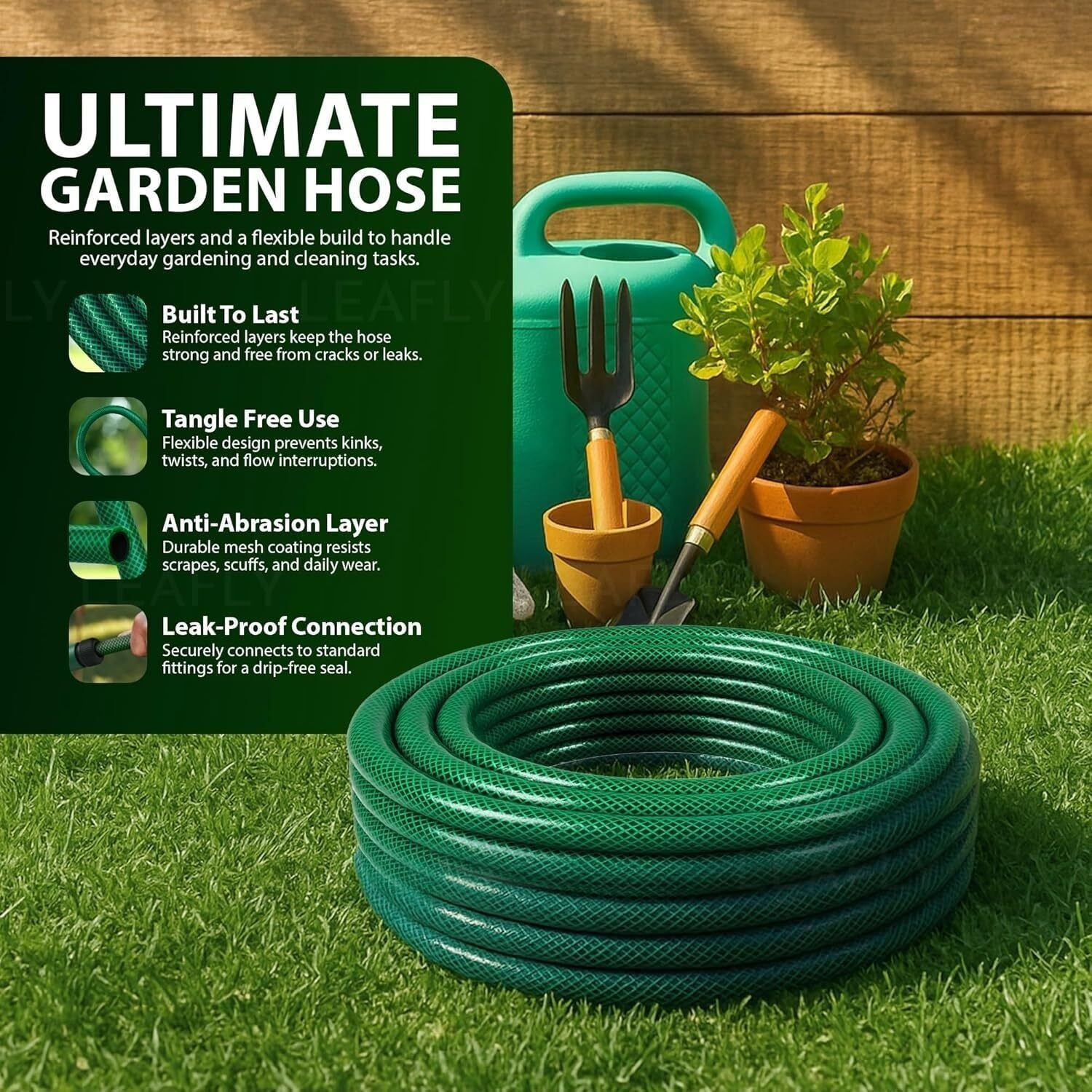 Image of Leafly Flexible & Expandable Waterpipe With Double Latex Core & Braided Outer-Layer Hose Clamps- Garden Hose Pipe