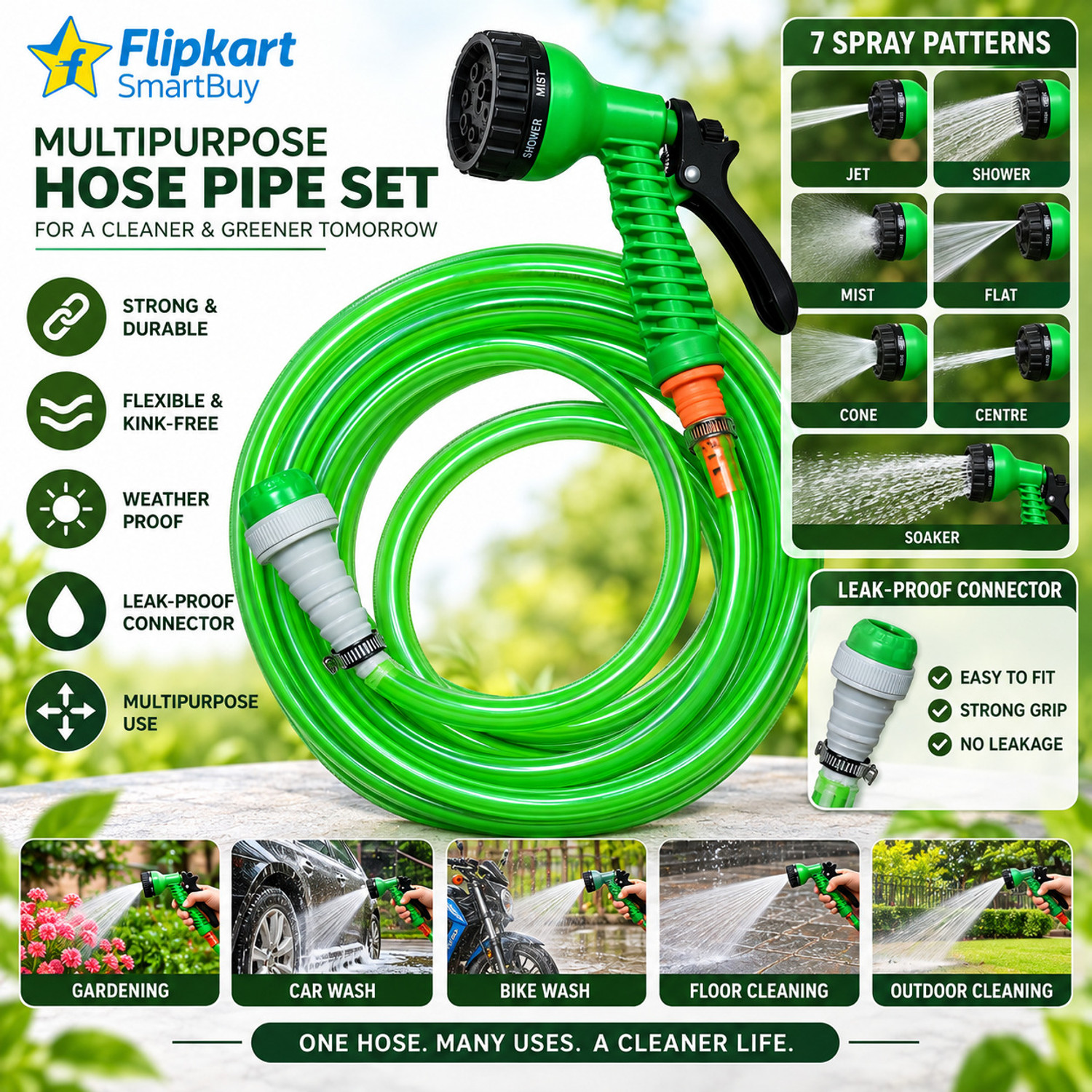 Image of Flipkart SmartBuy Multipurpose Garden Hose Pipe with 7 Pattern Water Spray Gun Flexible Water Pipe for Gardening, Car Wash, Bike Wash & Home Use | 1 /2 Inch Hose Pipe