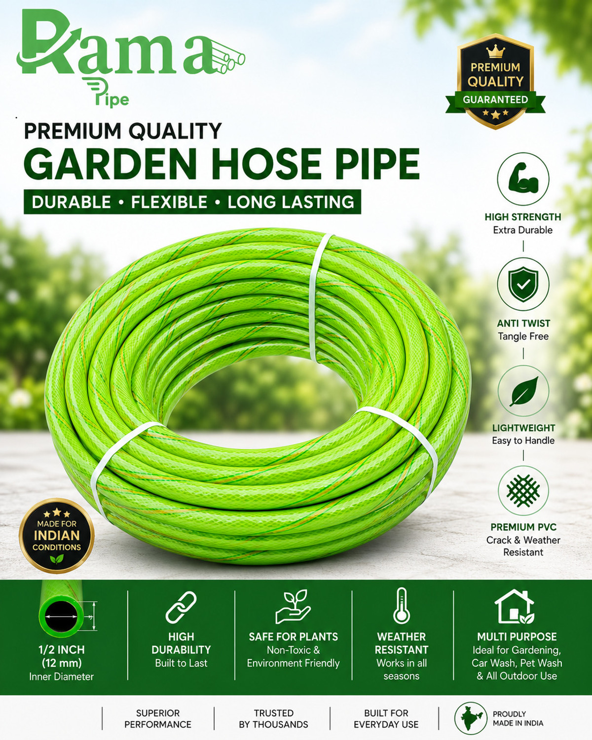 Image of RAMA PIPE 65 feet(20 meter), 3 /4 inch 3 layered braided pipe heavy duty hose pipe with tap adopter and 2 clips Hose Pipe