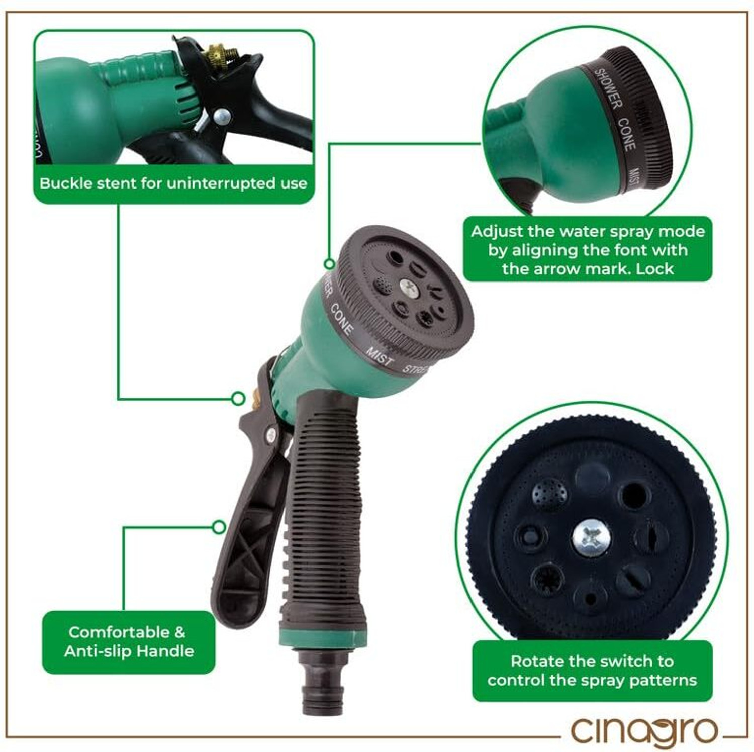 Image of Cinagro 0.5 inch with 8-mode Spray Gun, Tap Adapter & 3 Clamps Hose Pipe