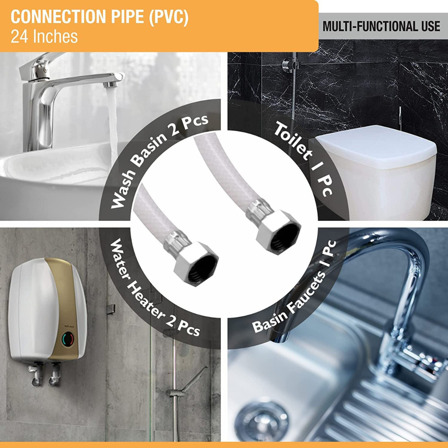 Image of COSWARE 24 inch Inch White Heavy Duty PVC Connection Pipe Suitable For Geysers, Countertop Faucets /Water Taps, Wash Basin (Pack of 2) Hose Pipe