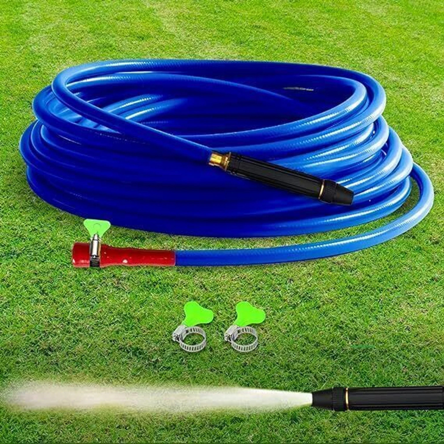Image of AHYRA 50mtr 165 FEET Hose Pipe with spray gun and tap connectors and clamps 50 Meter(165 feet) Garden & Car Wash Watering Braided 3 Layered Hose Pipe 1 /2 inch Hose Pipe