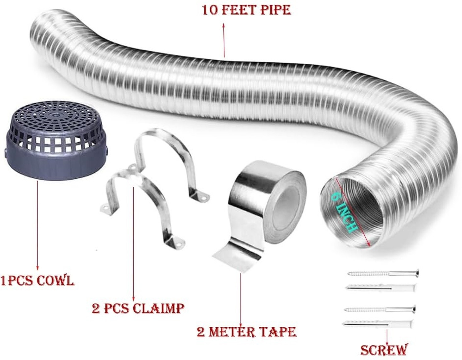 Image of TIZELL 6 inch 10 Feet Chimney Exhaust Pipe with Cowl Cover for Kitchen, Tape, 2Pc Clamp Complete Installation Kit Hose Pipe
