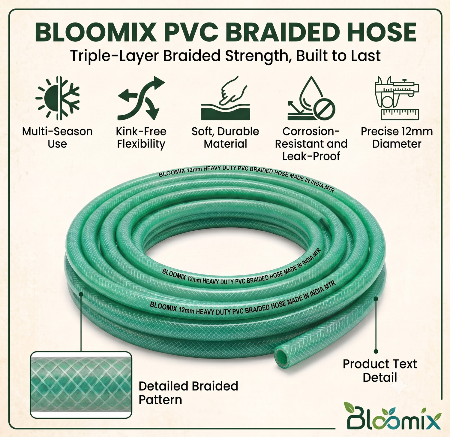 Image of BloomiX 12mm (1 /2 Inch) 5 Meter Heavy Duty 3 Layered PVC Braided Garden Hose Pipe with 8 Mode Spray Gun, Tap Adapter, 3 Clamps, for Car Wash, Garden Watering Hose Pipe