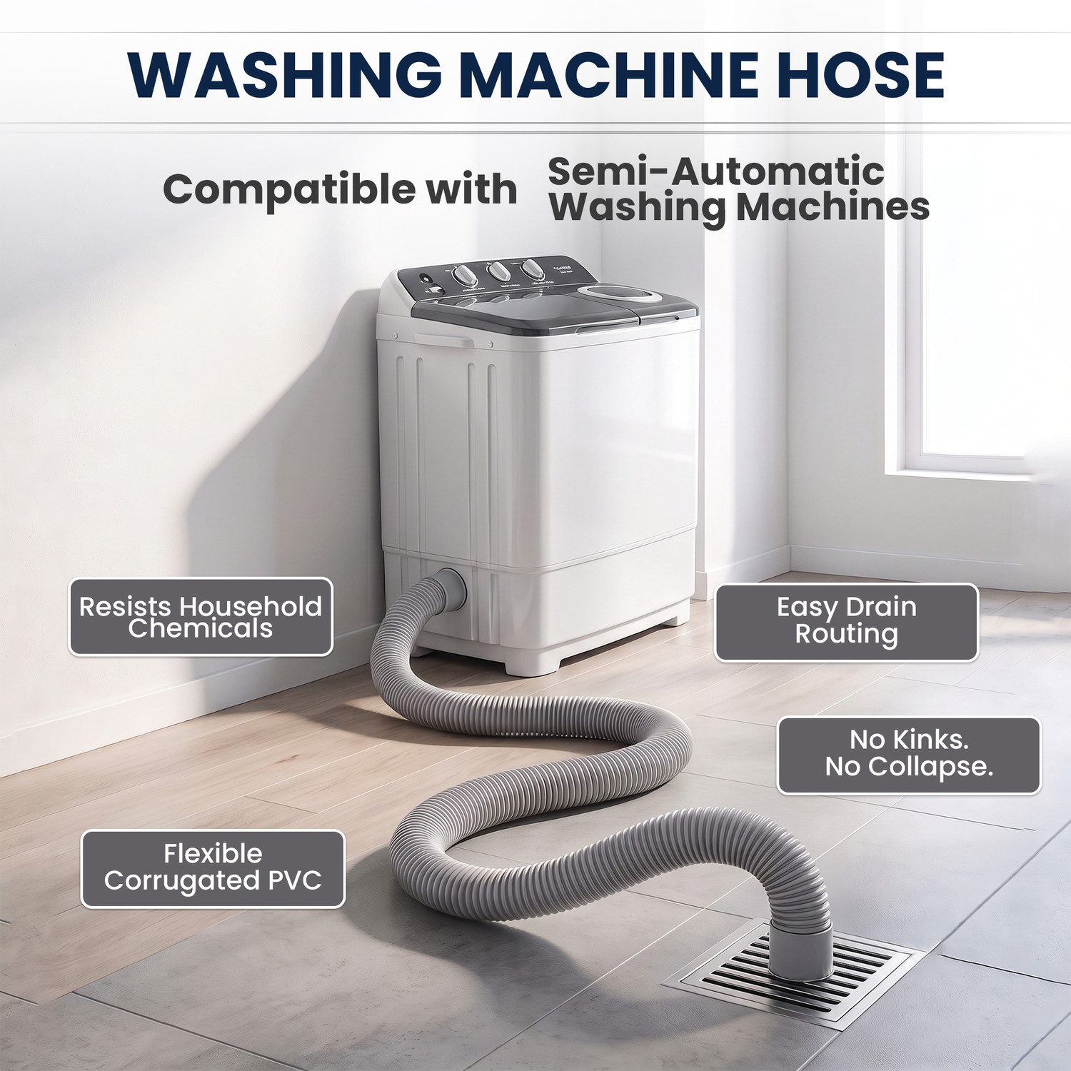 Image of Primehomeenterprises 3 Meter Grey Washing Machine Drain Pipe Hose Pipe