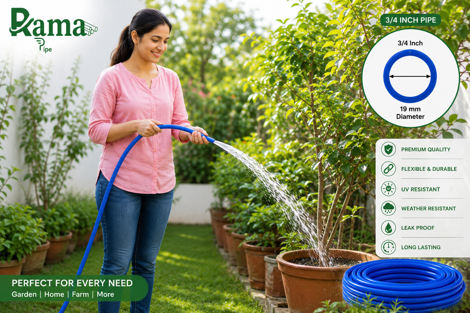 Image of RAMA PIPE 50 meter(165 feet), 3 /4 inch garden pipe with tap connecter and 2 clips heavy duty, durable light weight garden hose for cleaning and washing Hose Pipe
