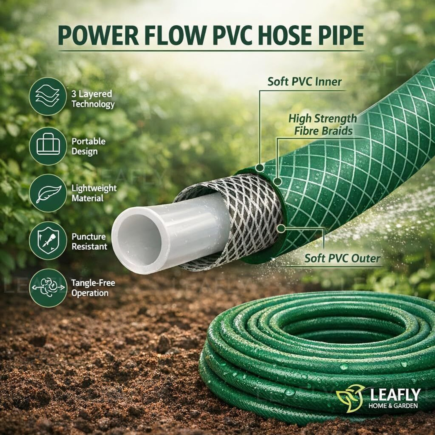 Image of Leafly Flexible & Expandable Waterpipe With Double Latex Core & Braided Outer-Layer Hose Clamps- Garden Hose Pipe