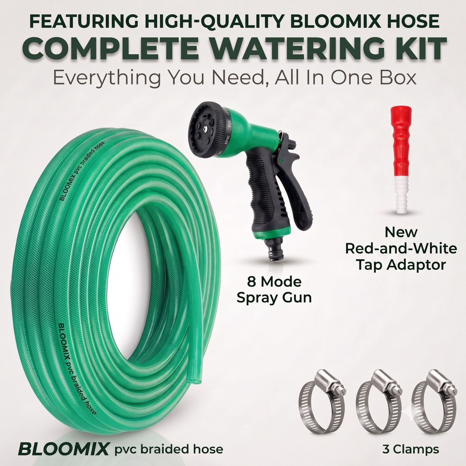 Image of BloomiX 12mm (1 /2 Inch) 5 Meter Heavy Duty 3 Layered PVC Braided Garden Hose Pipe with 8 Mode Spray Gun, Tap Adapter, 3 Clamps, for Car Wash, Garden Watering Hose Pipe