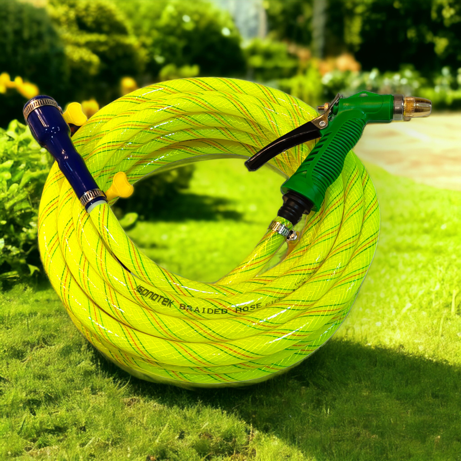 Image of Sonotek 10 Meter ( 33 Feet) 1 /2 Inch 3- Layered Braided Pipe With Water Spray Gun. Sonotek Braided Pipe For Gardening use , Car Washing ,Bike washing, Home Use Hose Pipe