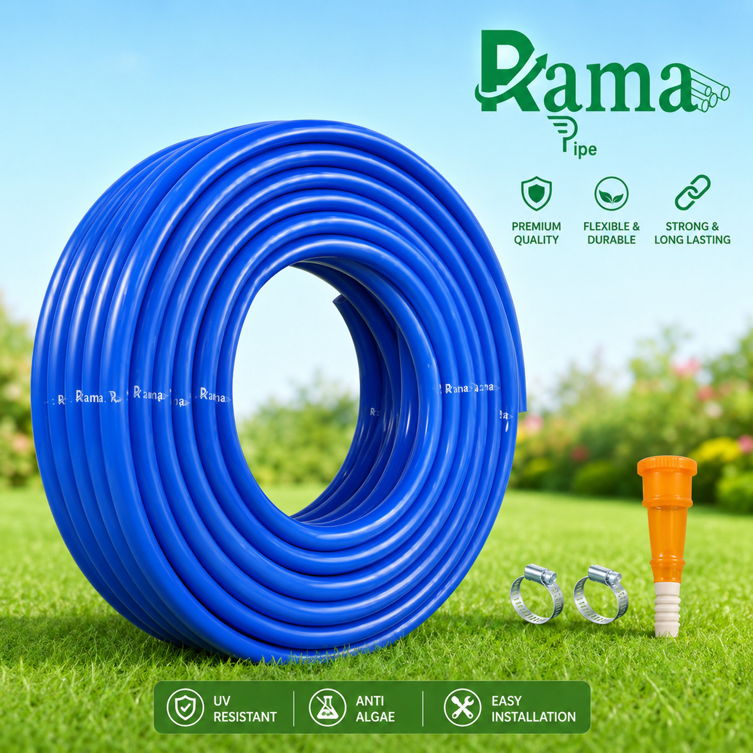 Image of RAMA PIPE 50 meter(165 feet), 3 /4 inch garden pipe with tap connecter and 2 clips heavy duty, durable light weight garden hose for cleaning and washing Hose Pipe
