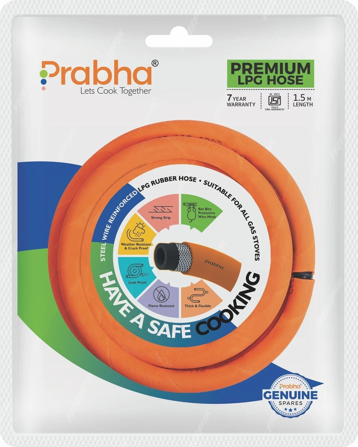 Image of PRABHA 1.5 M LPG Rubber with Reinforced Steel Wire ISICertified (Orange)7Years Warranty pouch packing Hose Pipe