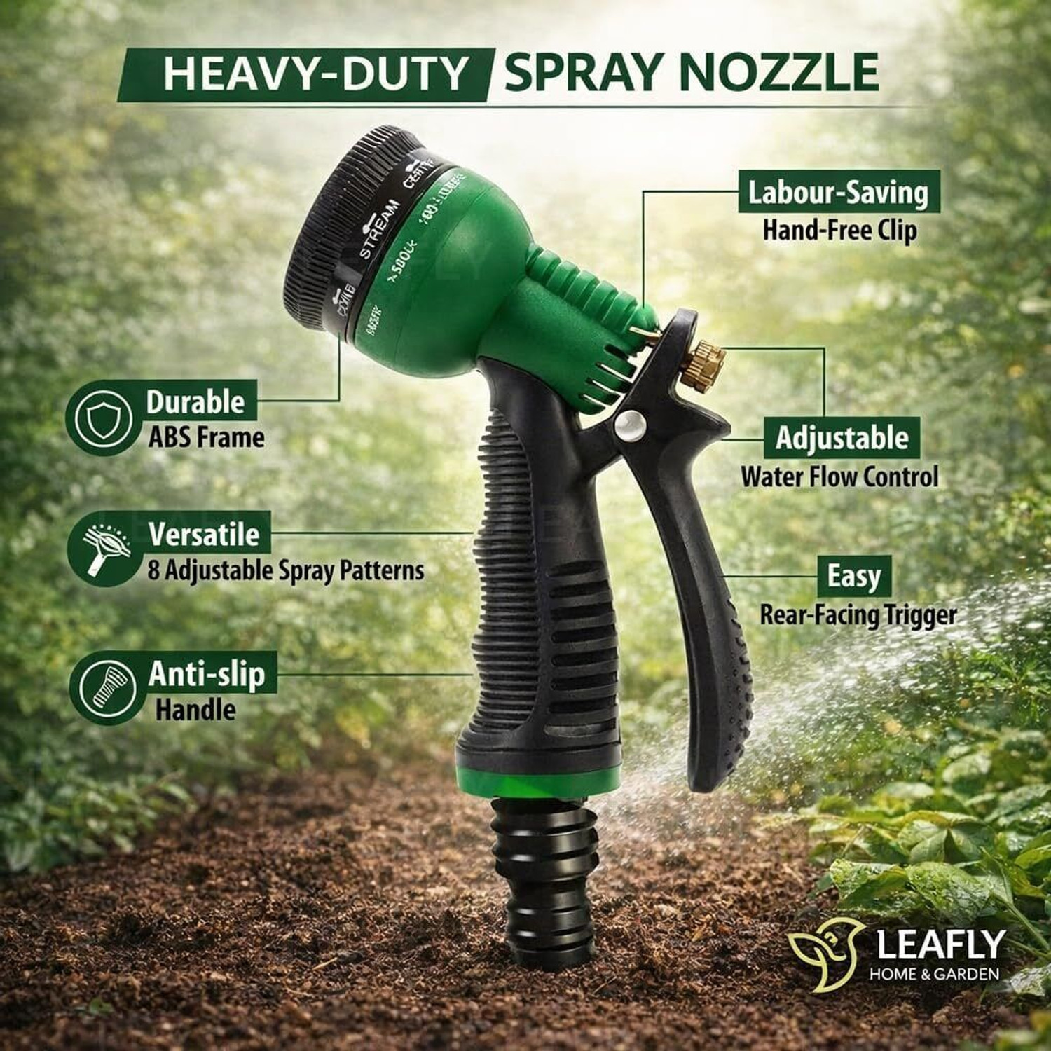 Image of Leafly Heavy Duty 1 /2 Inch Flexible Water Pipe with Double Latex Core & Braided Layer 8-Pattern Spray Gun, Tap Connector & 2 Clamps | Garden Hose Pipe